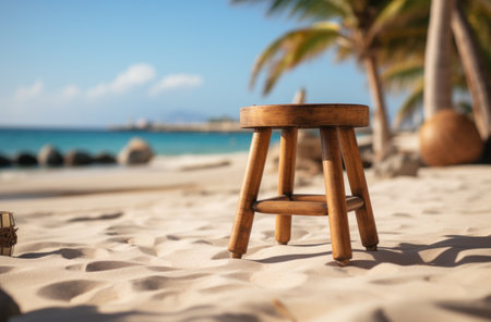 wooden stool on a beach near a palm tree.の素材