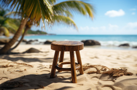 wooden stool on a beach near a palm tree.の素材