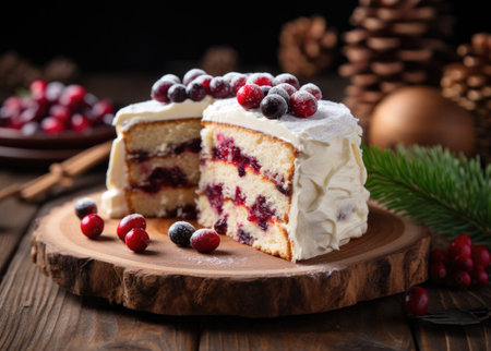 a christmas cake cut along the middle with cranberries on top.の素材