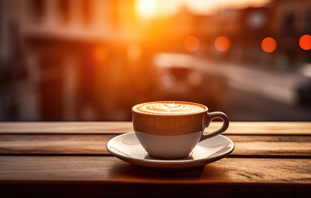 a beautiful coffee cup on a wooden table with city lights.の素材