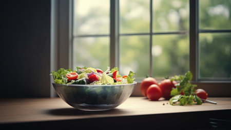 a bowl of salad sits in front of the window.の素材