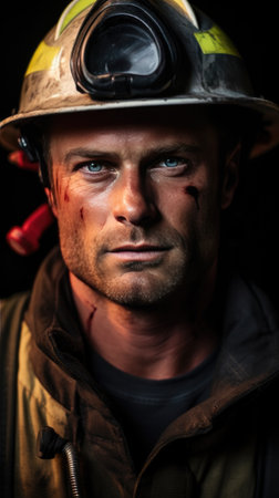 handsome firefighter, his piercing blue eyes and chiseled jawline highlighted.の素材