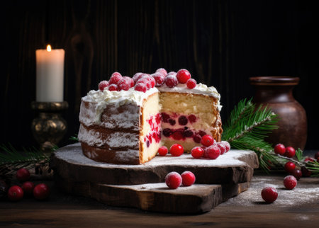 a christmas cake cut along the middle with cranberries on top.の素材