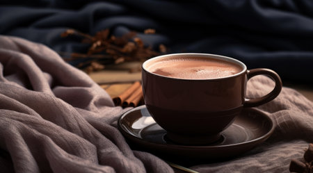 a cup of hot chocolate and a spoon sitting on top of it.の素材