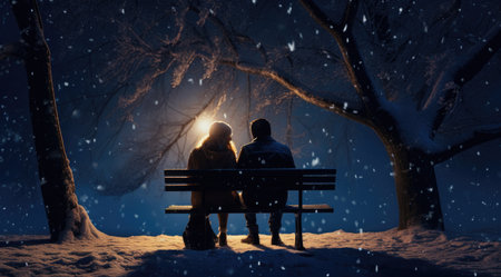 a couple sits on a bench in a winter night in a snowy park.の素材