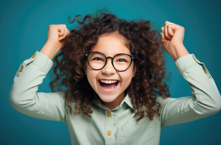a girl holds her glasses up and smiles at the camera.の素材