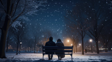 a couple sits on a bench in a winter night in a snowy park.の素材
