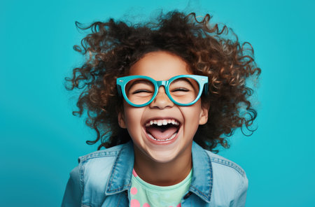 a girl holds her glasses up and smiles at the camera.の素材