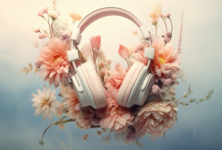 a pair of headphones with flowers coming out of them.の素材