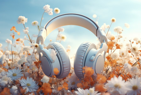 a pair of headphones with flowers coming out of them.の素材