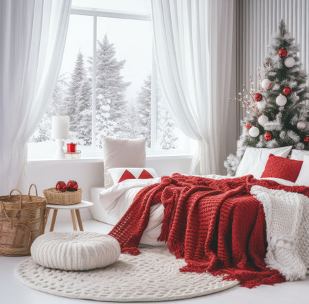a red and white bedroom is decorated with Christmas decorations.の素材
