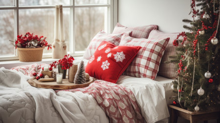 a red and white bedroom is decorated with Christmas decorations.の素材