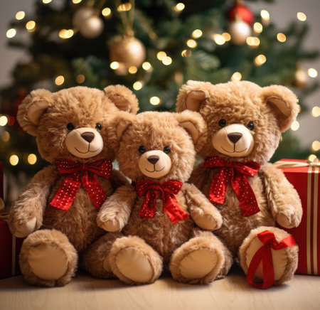 a photo of three stuffed bears with Christmas trees.の素材