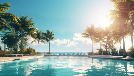 a view of a pristine swimming pool with palm trees and water.の素材