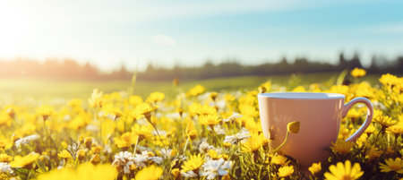 a yellow cup has fresh flowers in it in a field in summer sunlight.の素材