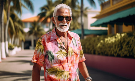 an elderly man in a colorful outfit.の素材