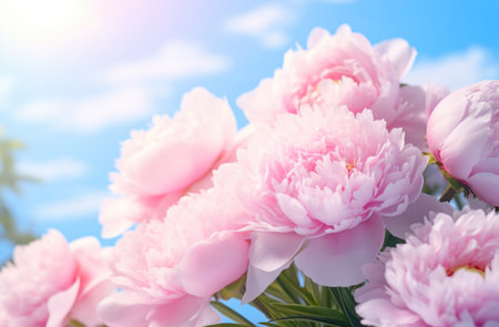 an open bouquet of pink peonies on a blue background.の素材