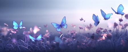 butterflies in a flower field.の素材