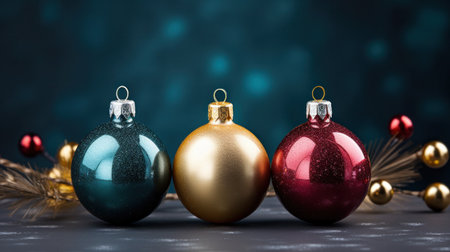 christmas ornaments are in view on a shiny background.の素材