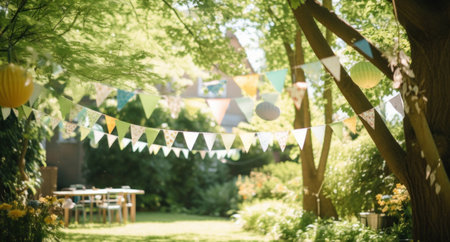 colored buntings hang in the sunlight, in a sunny day.の素材
