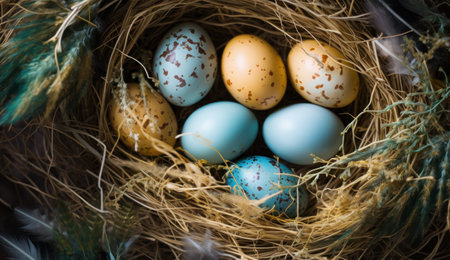 colorful eggs in a nest are nestled on green grass.の素材