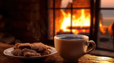 cup of coffee with cookies in front of a fireplace.の素材