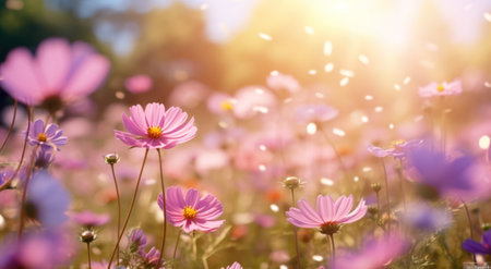 field of flowers with sun shine.の素材
