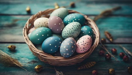many colored easter eggs are laid out on burck.の素材