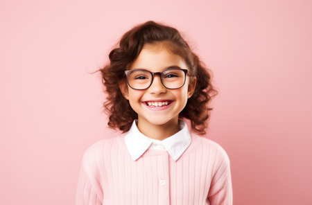happy young girl wearing glasses on a pink background.の素材