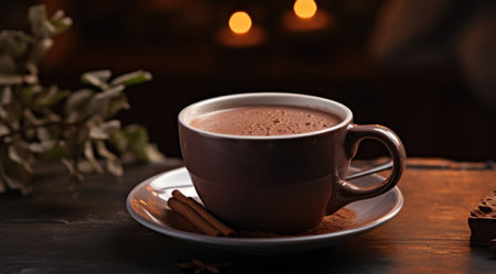 Cup of hot chocolate with cinnamon on wooden table, closeupの素材