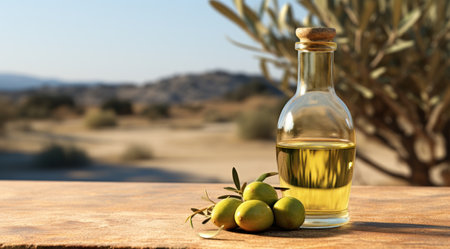 olive oil bottle on a wooden table in the orchard.の素材