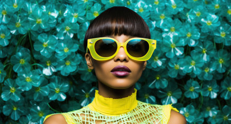 model wearing yellow sunglasses behind green grass background.の素材
