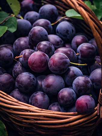 plums in a basket on the ground.の素材