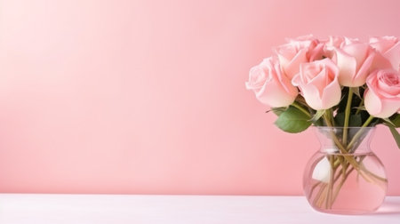 pink pastel valentines day background with copy space and gerbera flowers in glass vase.の素材