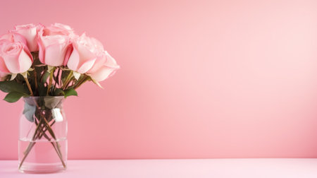 pink pastel valentines day background with copy space and gerbera flowers in glass vase.の素材