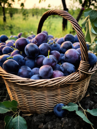 plums in a basket on the ground.の素材