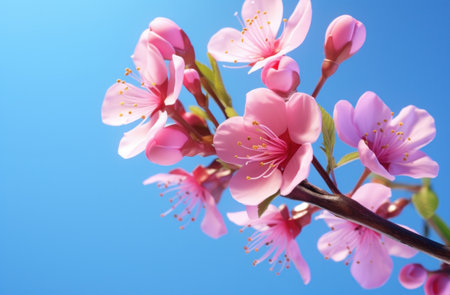 the image has pink flowers on a blue background.の素材