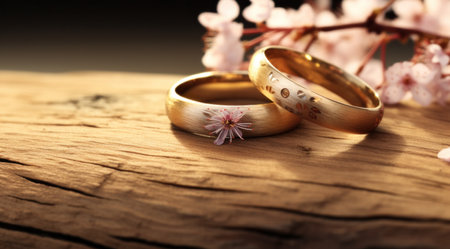two wedding rings on top of a piece of wood.の素材