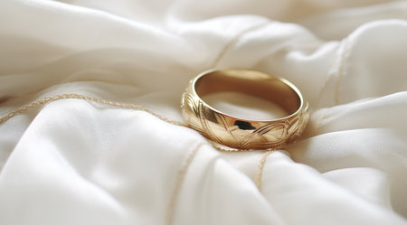 two wedding rings are laying on top of a white fabric.の素材