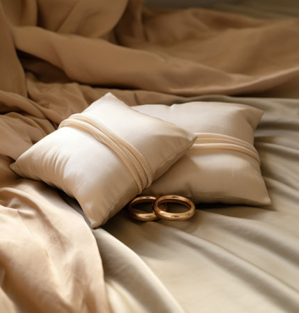 two wedding rings on front of a pillow.の素材