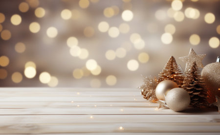 white wooden table and Christmas tree.の素材