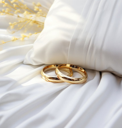 wedding rings on pillow.の素材