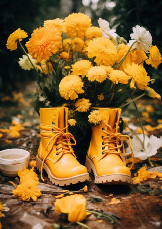 yellow boots with flowers.の素材