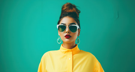 young woman in yellow sunglasses standing up.の素材