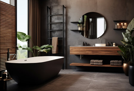 a bathroom with black walls and a black round vanity.の素材