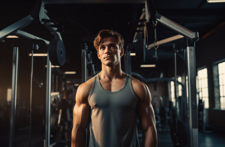young man in gym making a workout.の素材