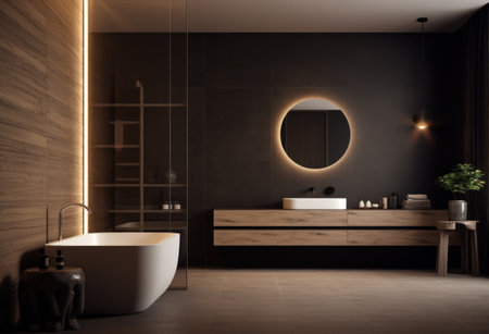 a bathroom with black walls and a black round vanity.の素材