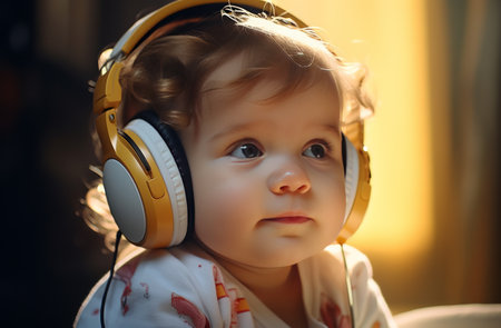 a baby in headphones wearing earplugs is looking surprised.の素材