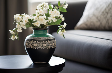 a black vase with flowers in it on an ottoman.の素材
