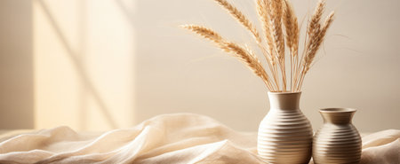 a brown vase of grass is sitting on a shelf.の素材